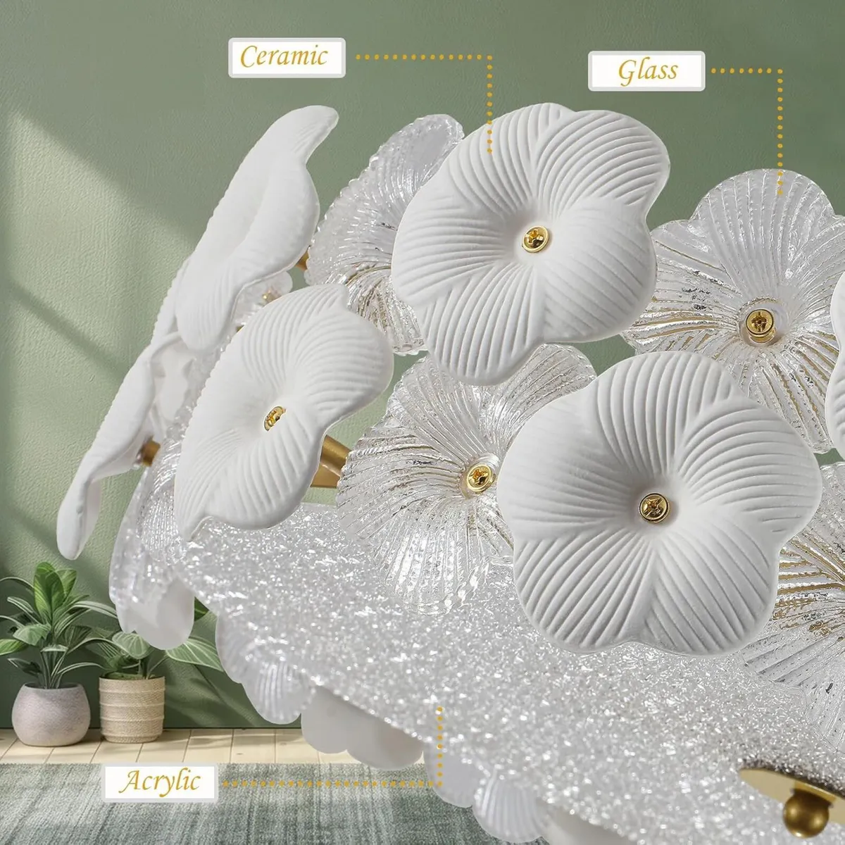 Floral Ceramic Glass Chandelier 5 Light E14 - Image 2