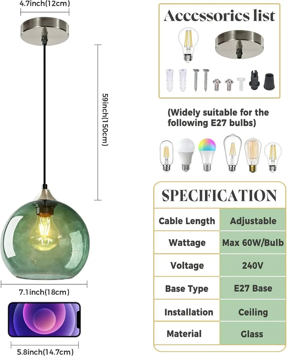 Glass Pendant Light for Kitchen Island Includes - Image 2