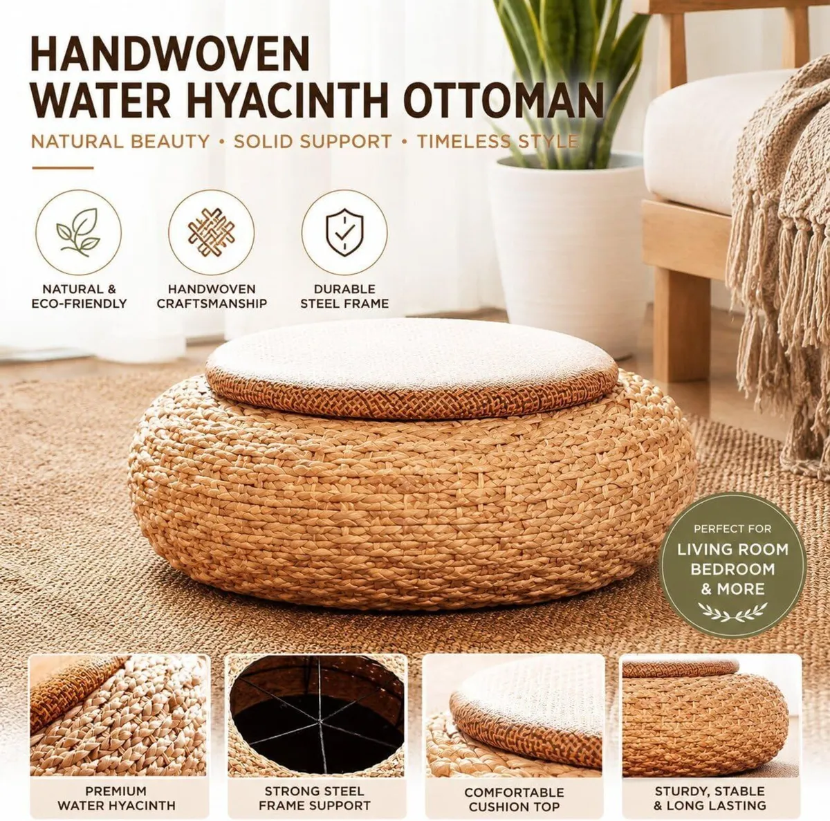 Japanese Zen Round Floor Cushion Handwoven - Image 3