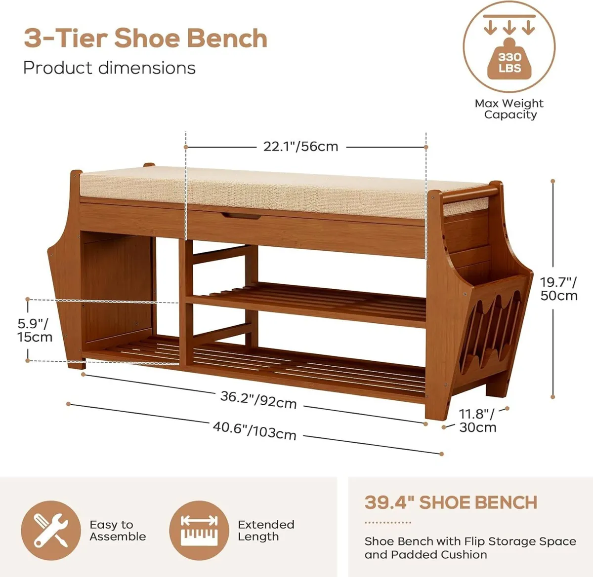 39.4in Shoe Bench with 2 Holder 3 Tier - Image 2