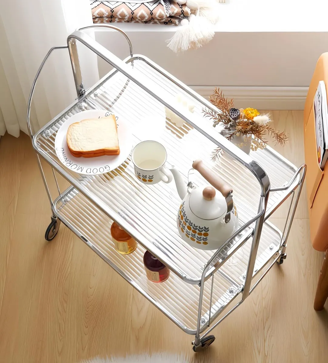 Folding Serving Trolley with Wheels 2 Tier Clear - Image 2