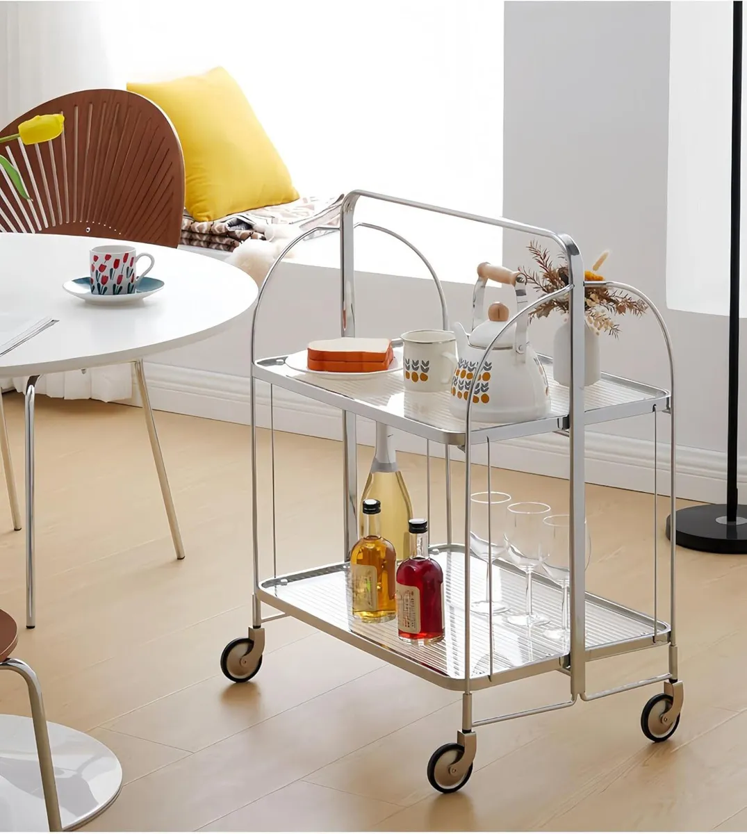 Folding Serving Trolley with Wheels 2 Tier Clear - Image 4