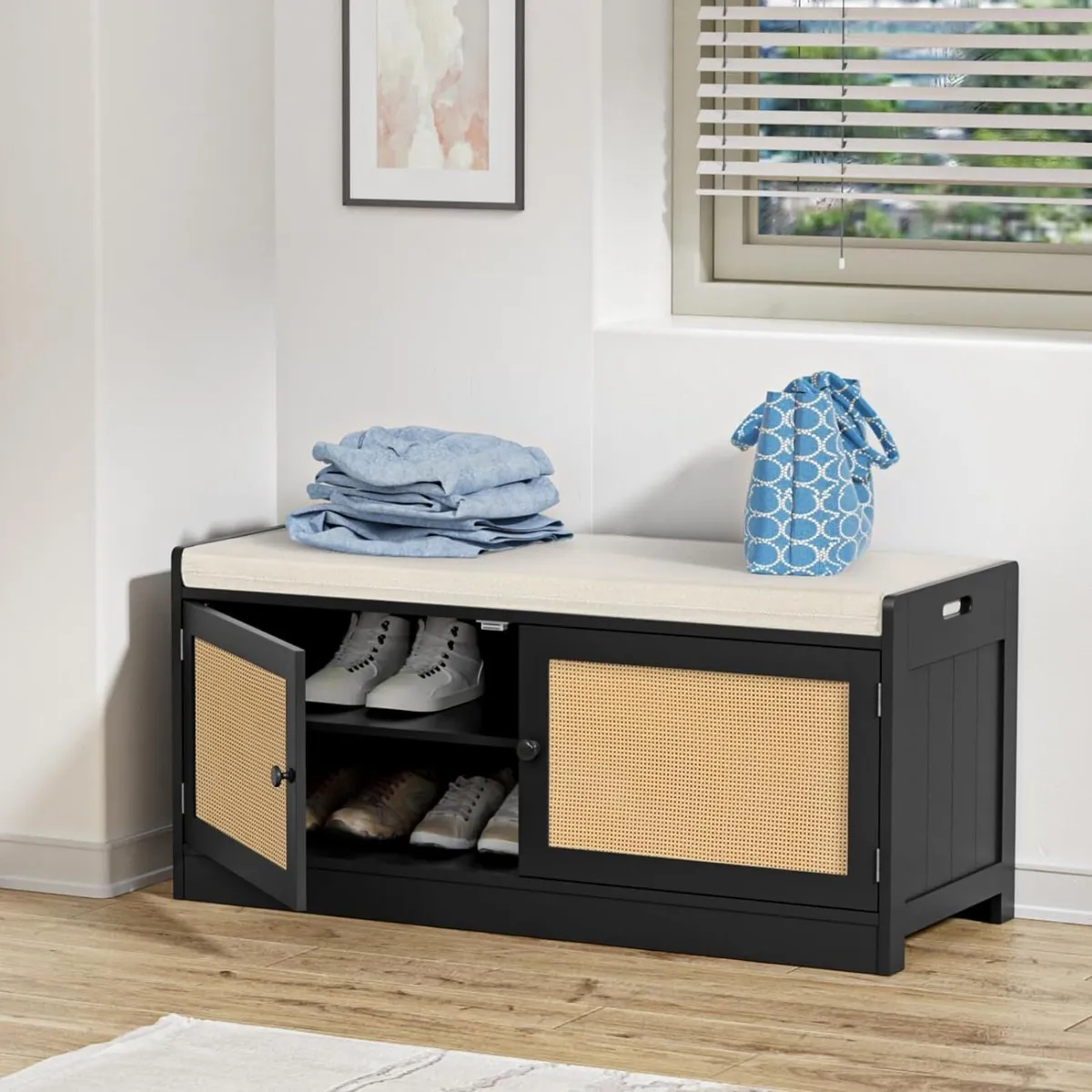 Shoe Storage Bench with Seat Cushion Rack Wood - Image 1