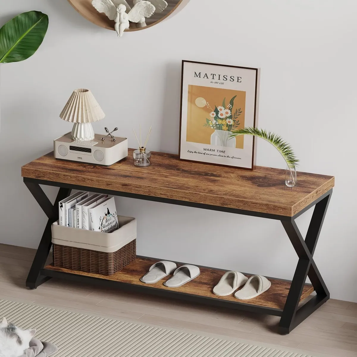 Entryway Bench with Storage Industrial Wood Metal - Image 1