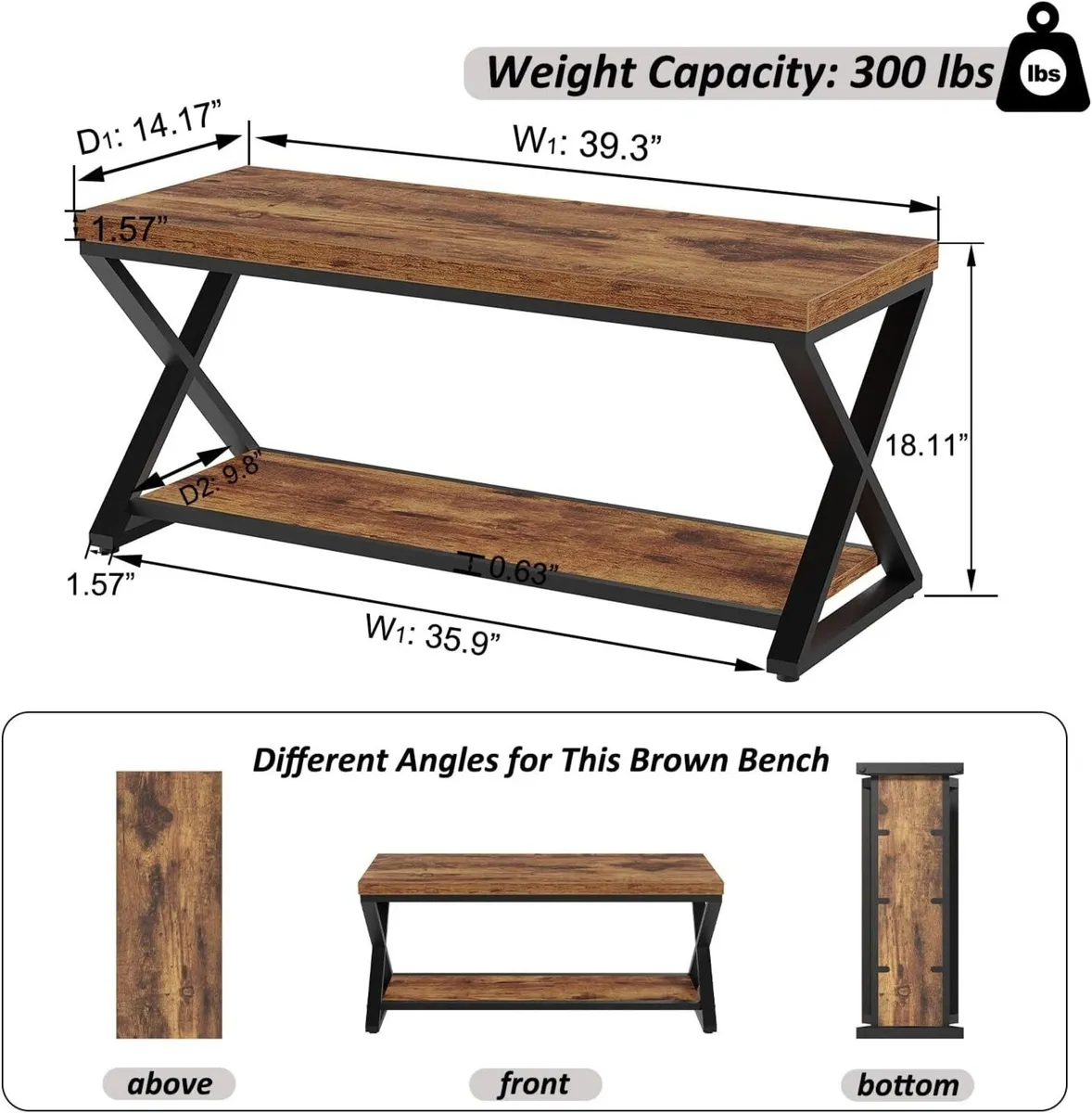 Entryway Bench with Storage Industrial Wood Metal - Image 2