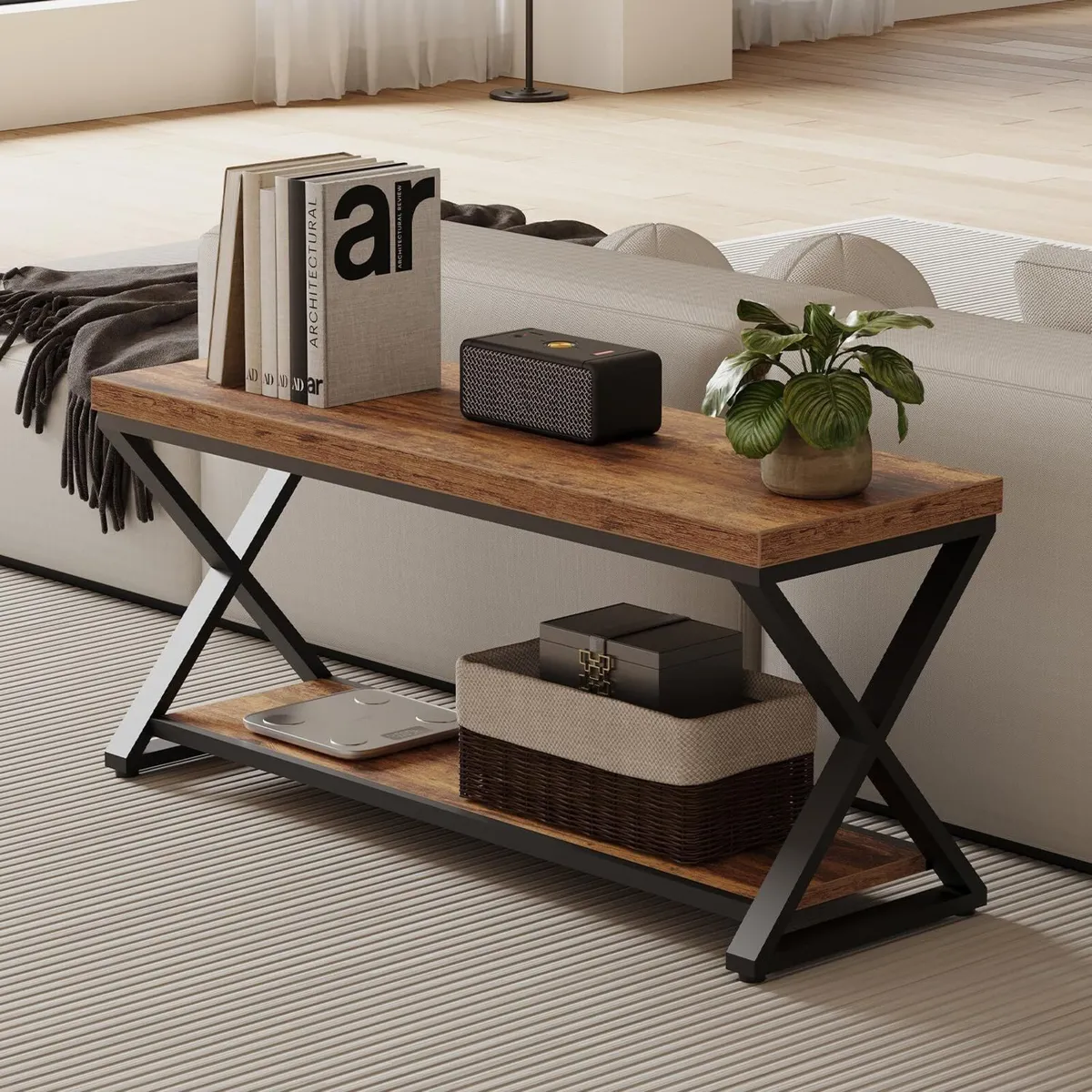 Entryway Bench with Storage Industrial Wood Metal - Image 4
