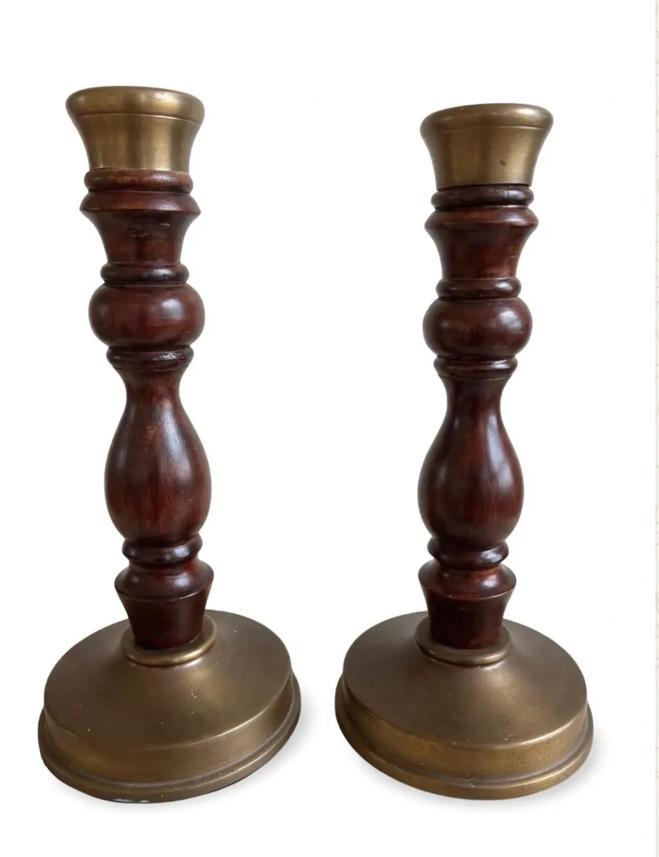 Vintage turned wood and brass candlestick holders