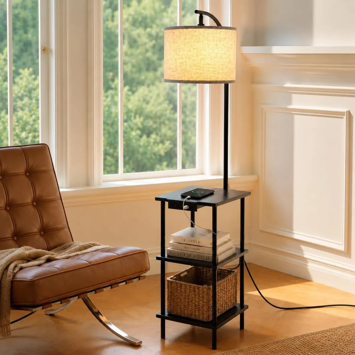 Vintage Floor Lamp with Shelves Wooden Side End - Image 1