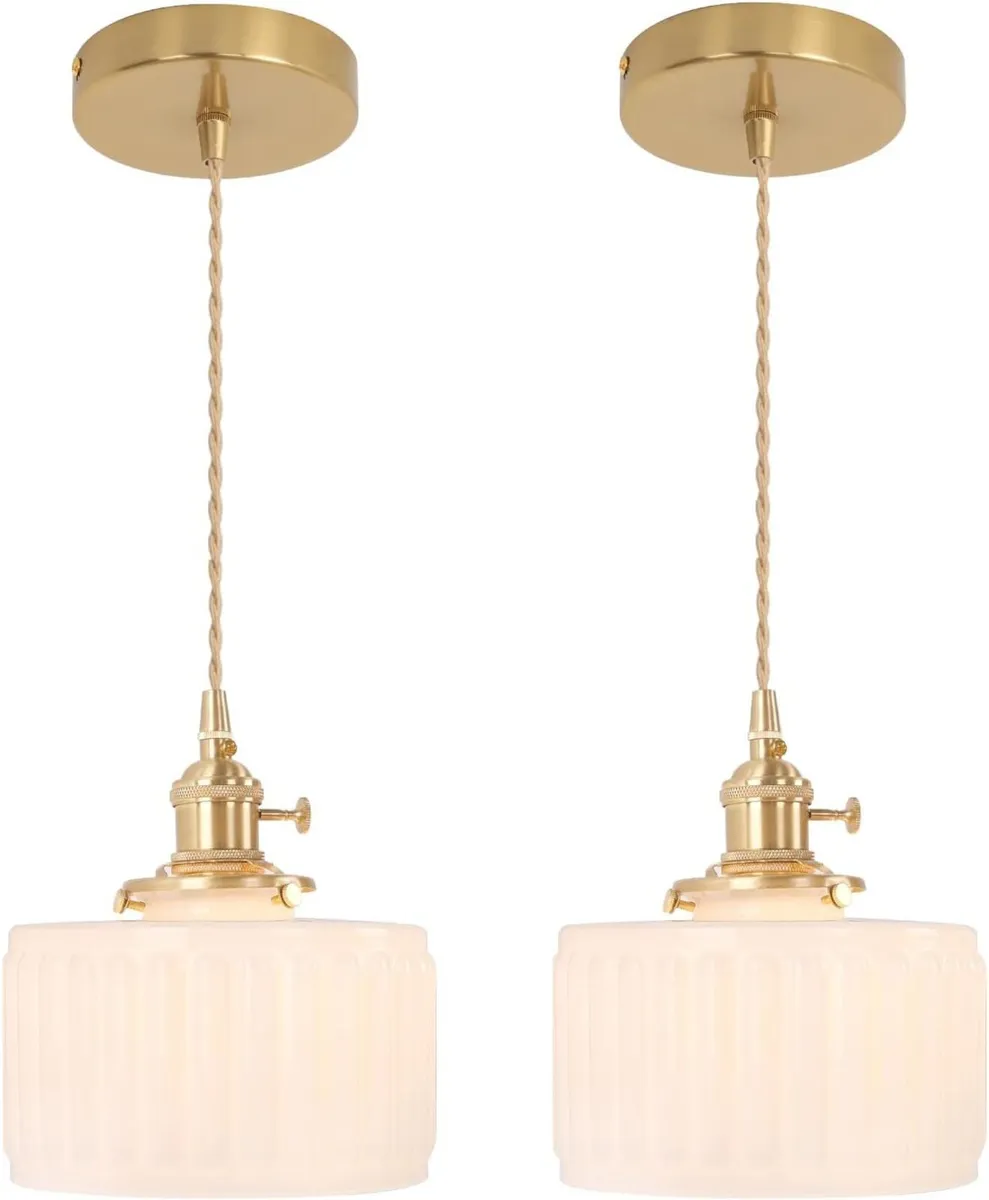 Pendant Light with Striped Glass Lampshade Brass - Image 1