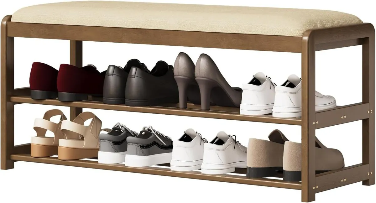 2-Tier Bamboo Shoe Bench with Cushion Hidden - Image 1