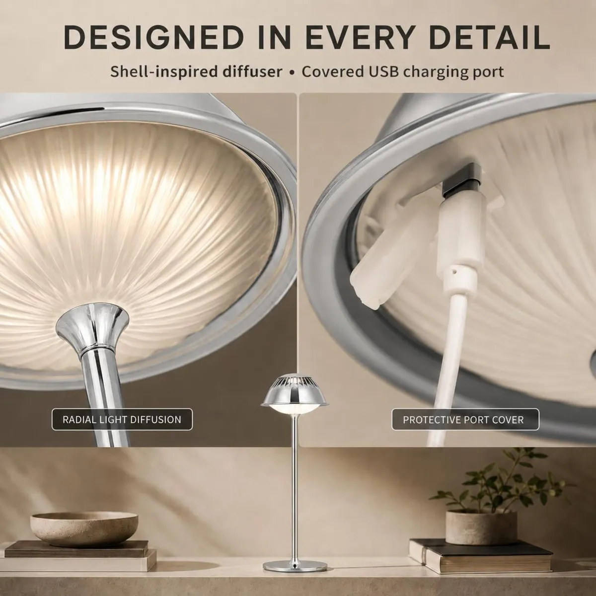 LED Modern Rechargeable Table Lamp Chrome Vioa - Image 3