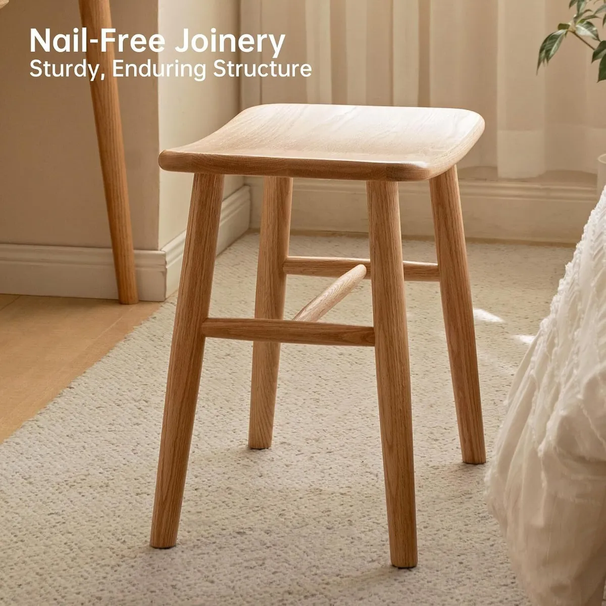 100% Oak Solid Wood Dressing Stool with Curved - Image 3