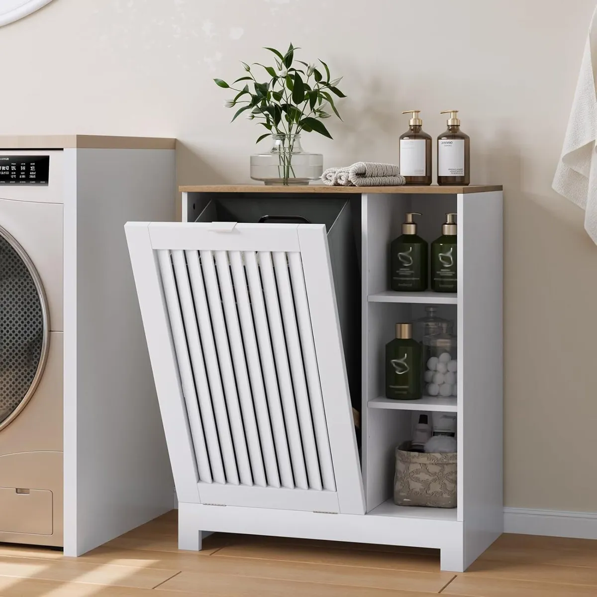 Tilt Out Laundry Hamper Cabinet with Louvered Door - Image 1