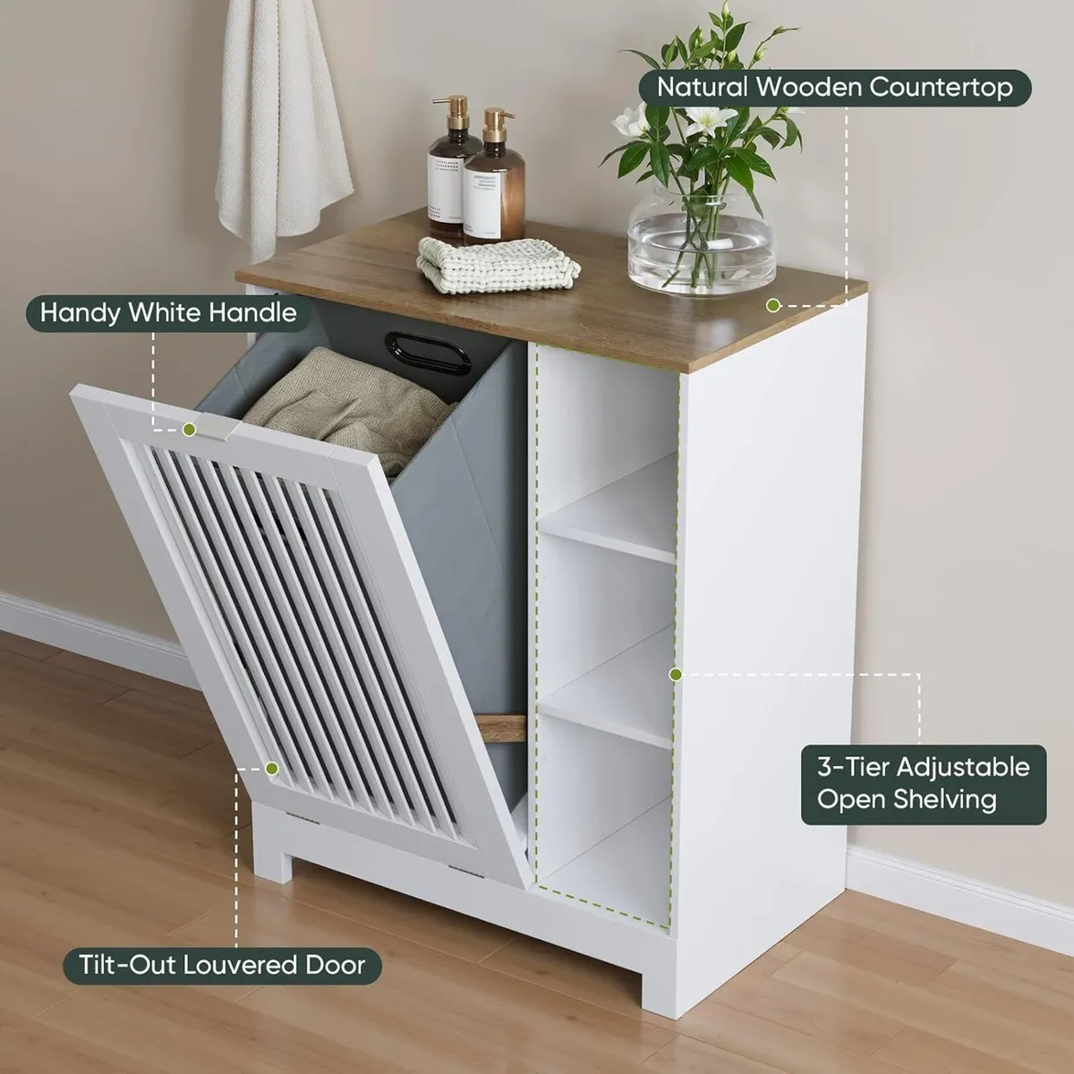 Tilt Out Laundry Hamper Cabinet with Louvered Door - Image 3