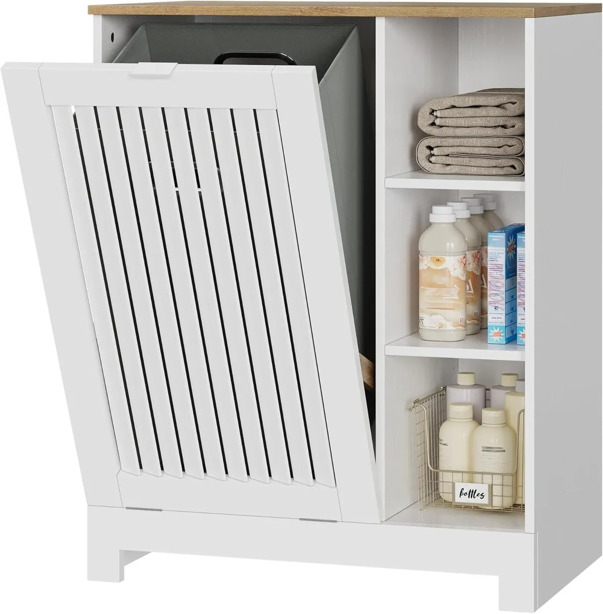 Tilt Out Laundry Hamper Cabinet with Louvered Door - Image 4