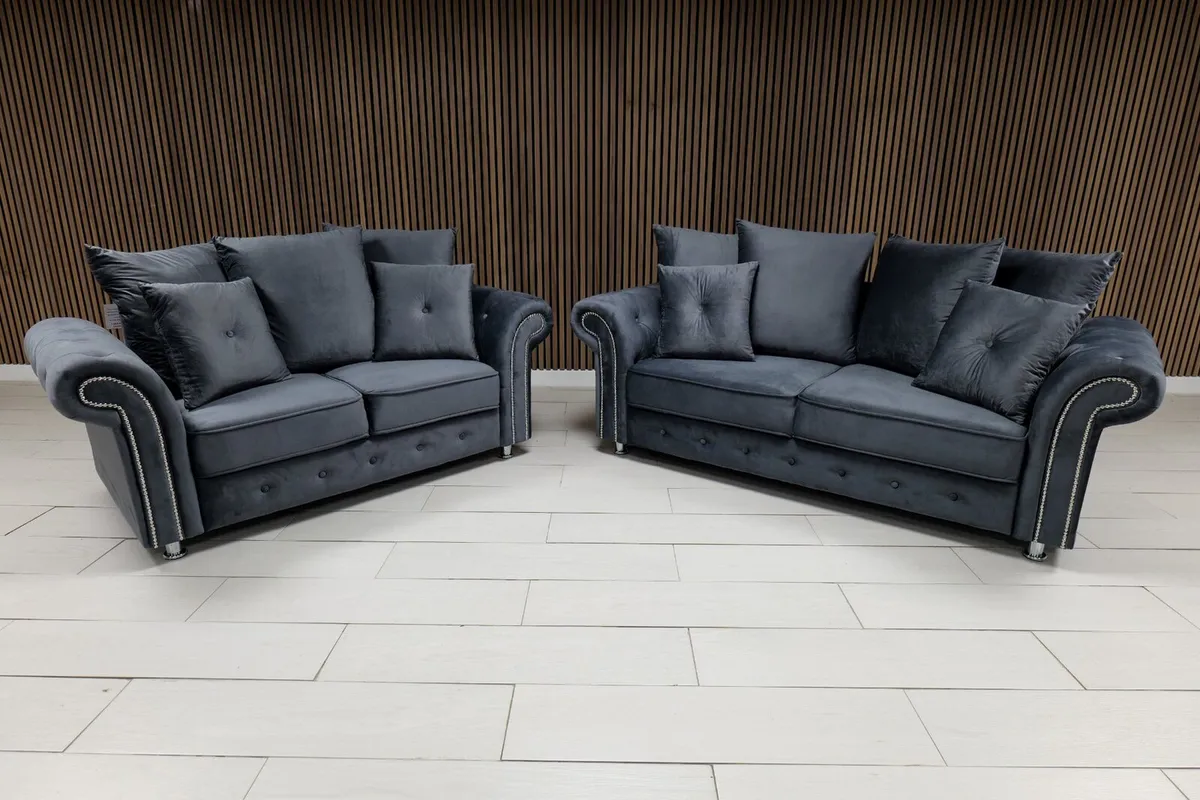 Olympia 3+2+1 Grey & Cream Fabric Sofa Set - Image 1