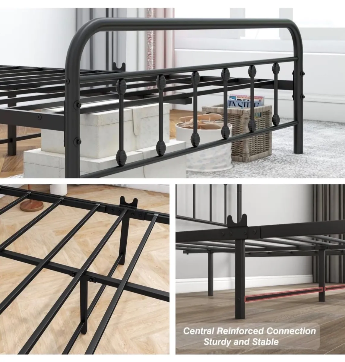 Double Bed Frame with Storage and Headboard, Metal - Image 2