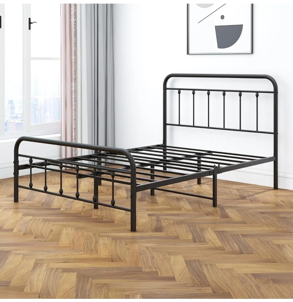Double Bed Frame with Storage and Headboard, Metal - Image 3