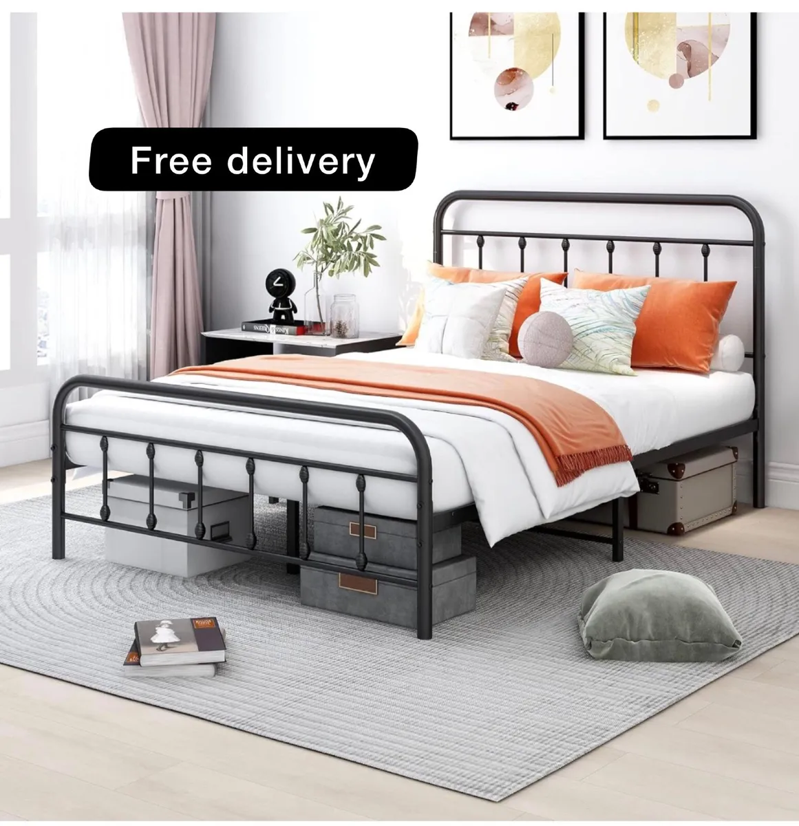Double Bed Frame with Storage and Headboard, Metal - Image 1