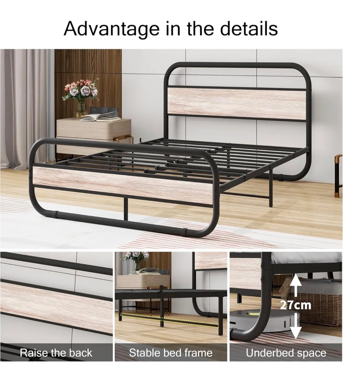 Double Bed Frame with Headboard, Bed Frame Double, - Image 2