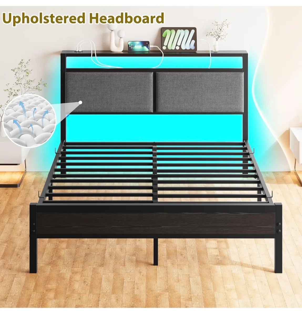 4FT6 Double Bed Frame with Storage Headboard - Image 3