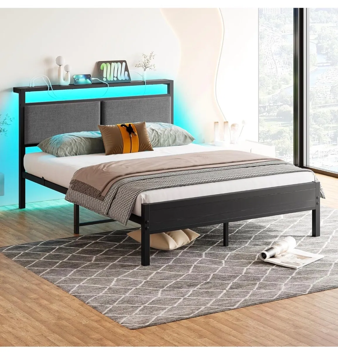4FT6 Double Bed Frame with Storage Headboard - Image 4