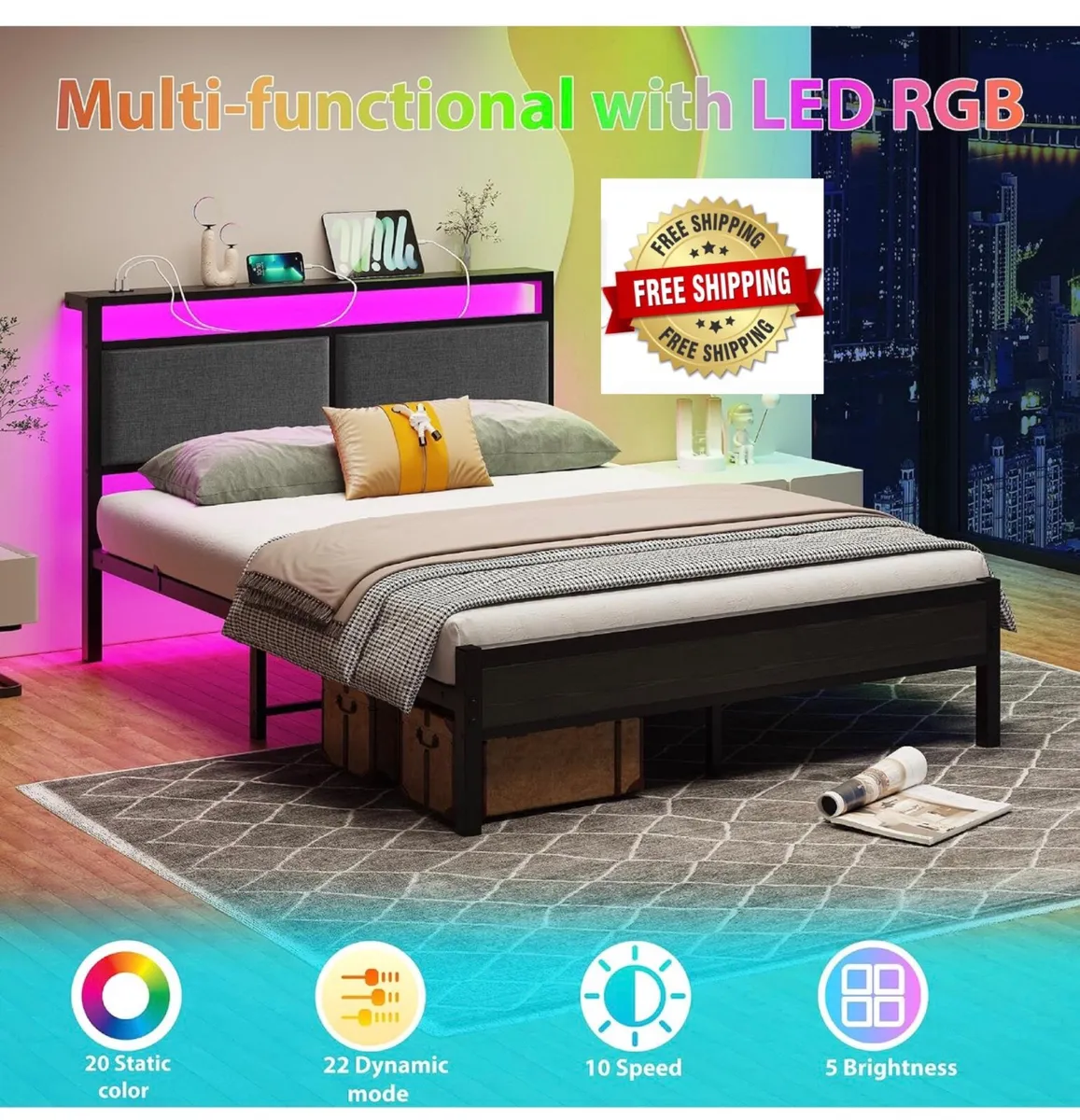 4FT6 Double Bed Frame with Storage Headboard - Image 1