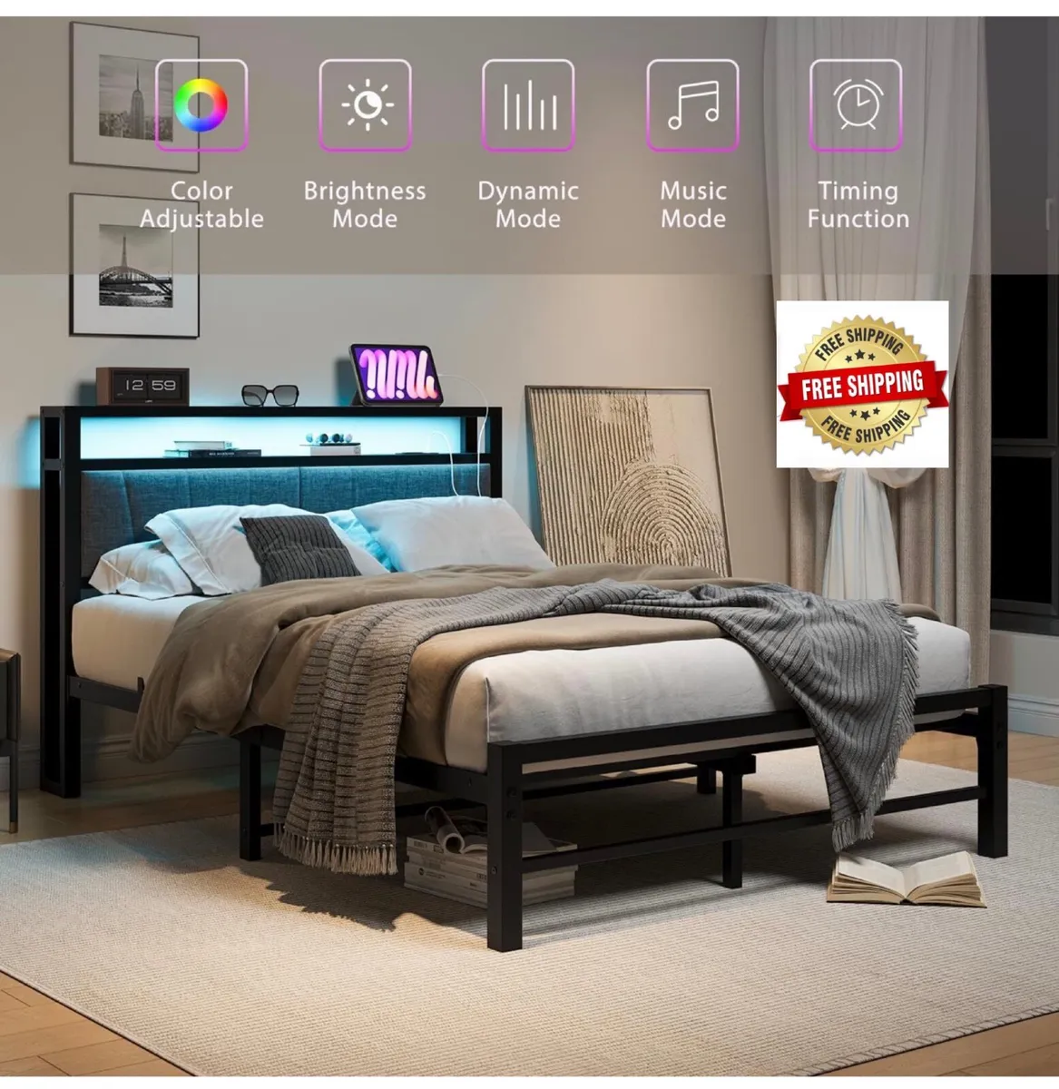 Double Bed Frame with Storage and LED Lights,4ft6 - Image 1