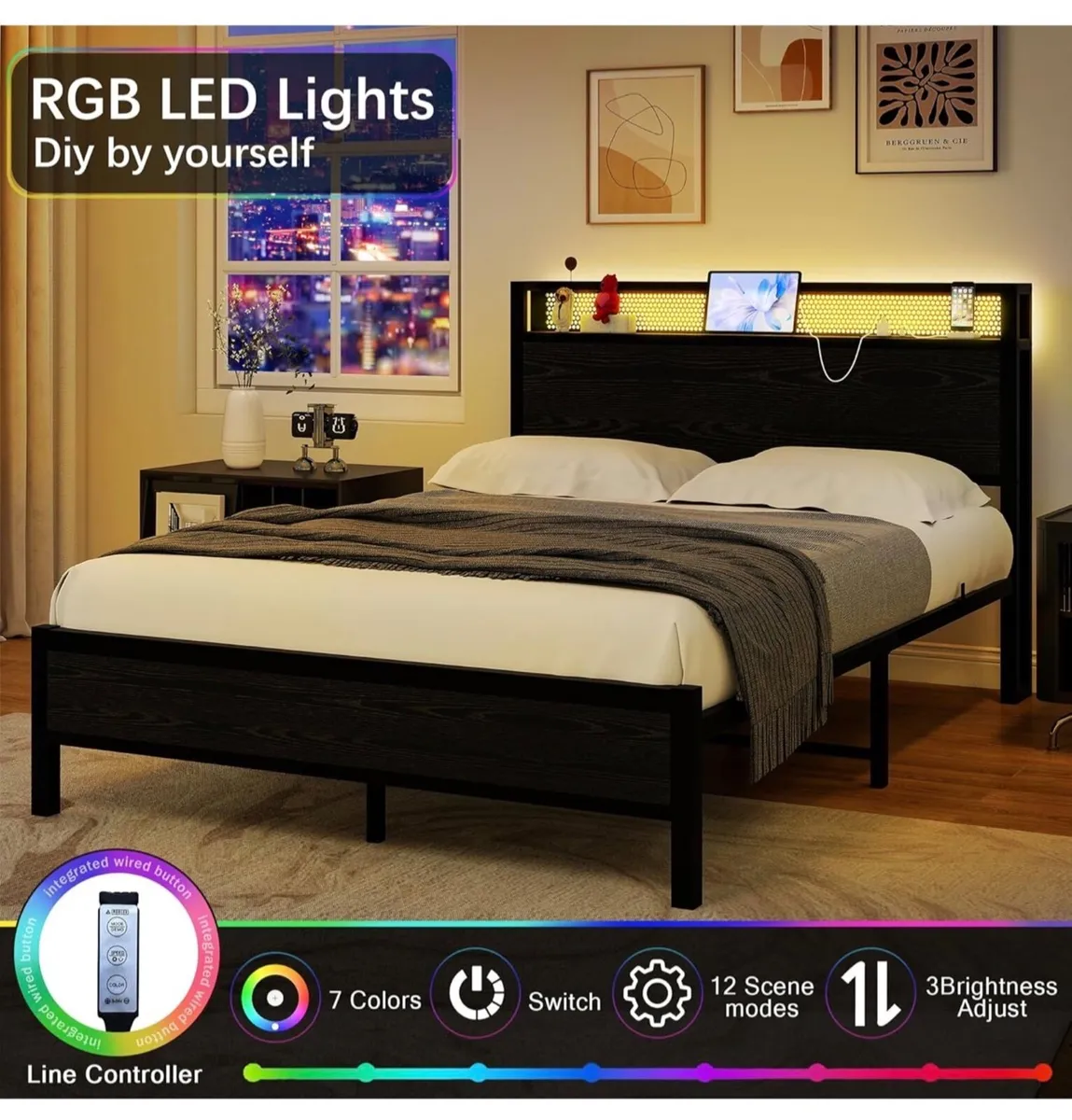 4ft6 Double Bed Frame with Storage Headboard≤D L - Image 3