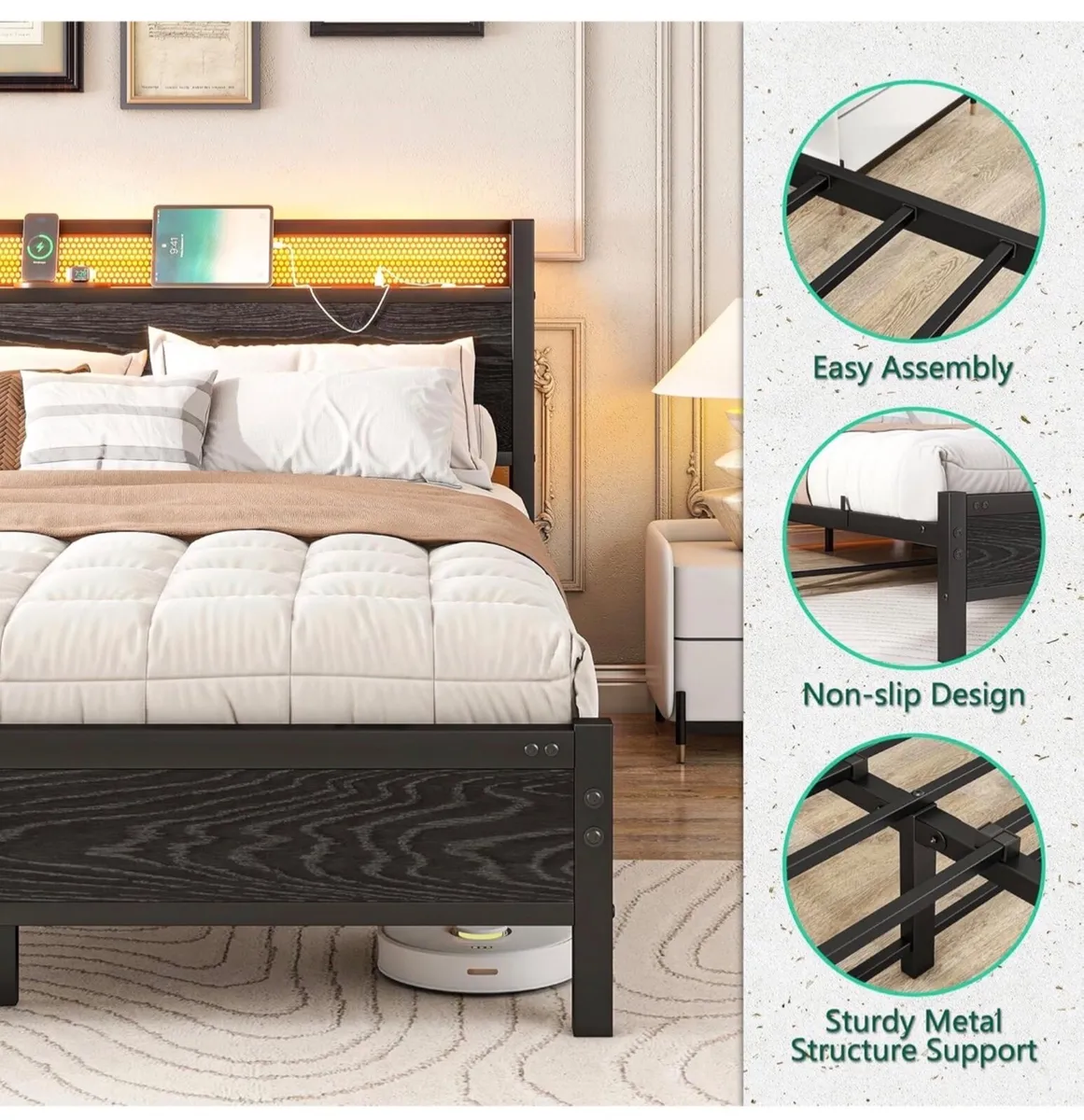 4ft6 Double Bed Frame with Storage Headboard≤D L - Image 2