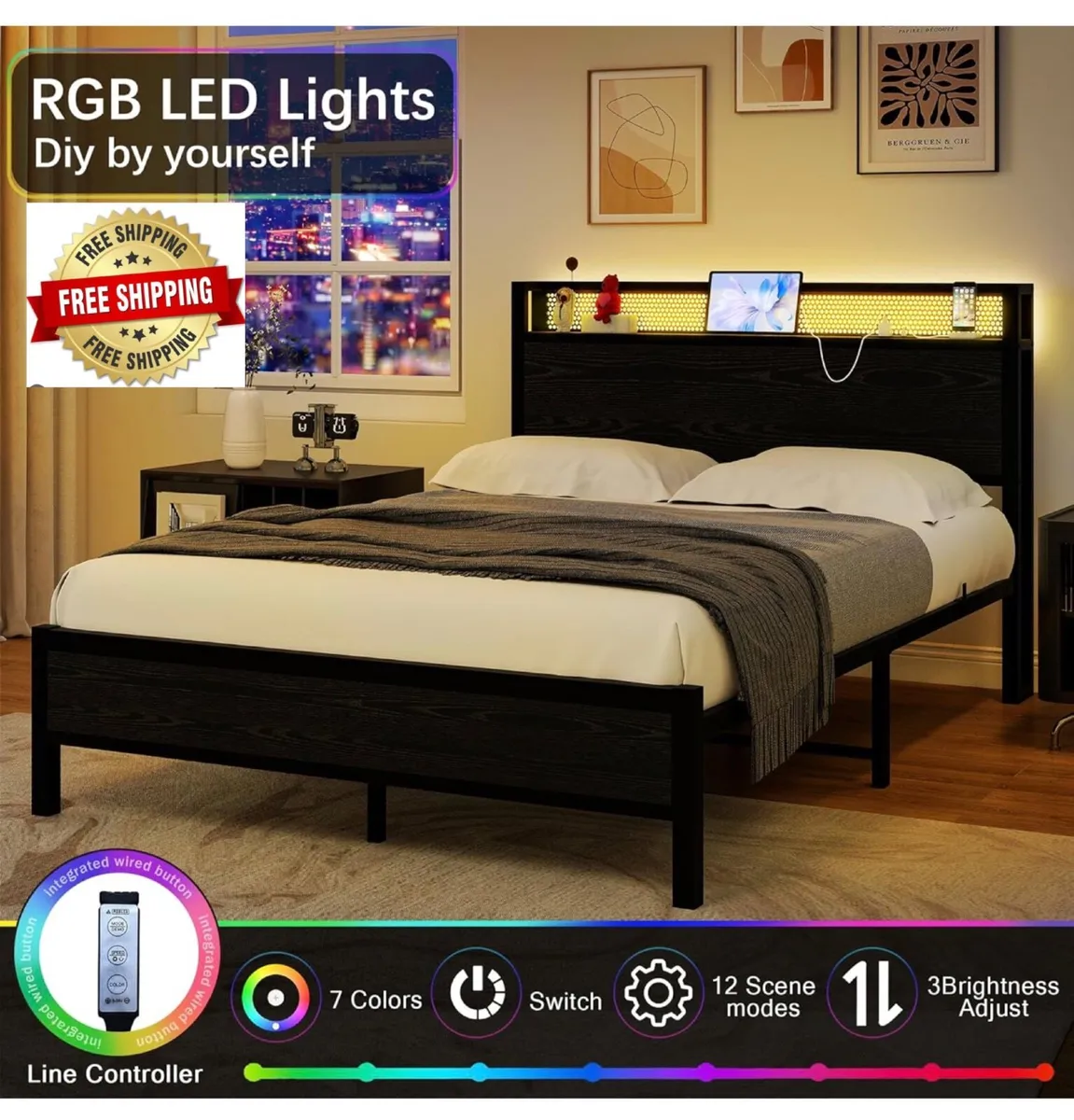 4ft6 Double Bed Frame with Storage Headboard≤D L - Image 1