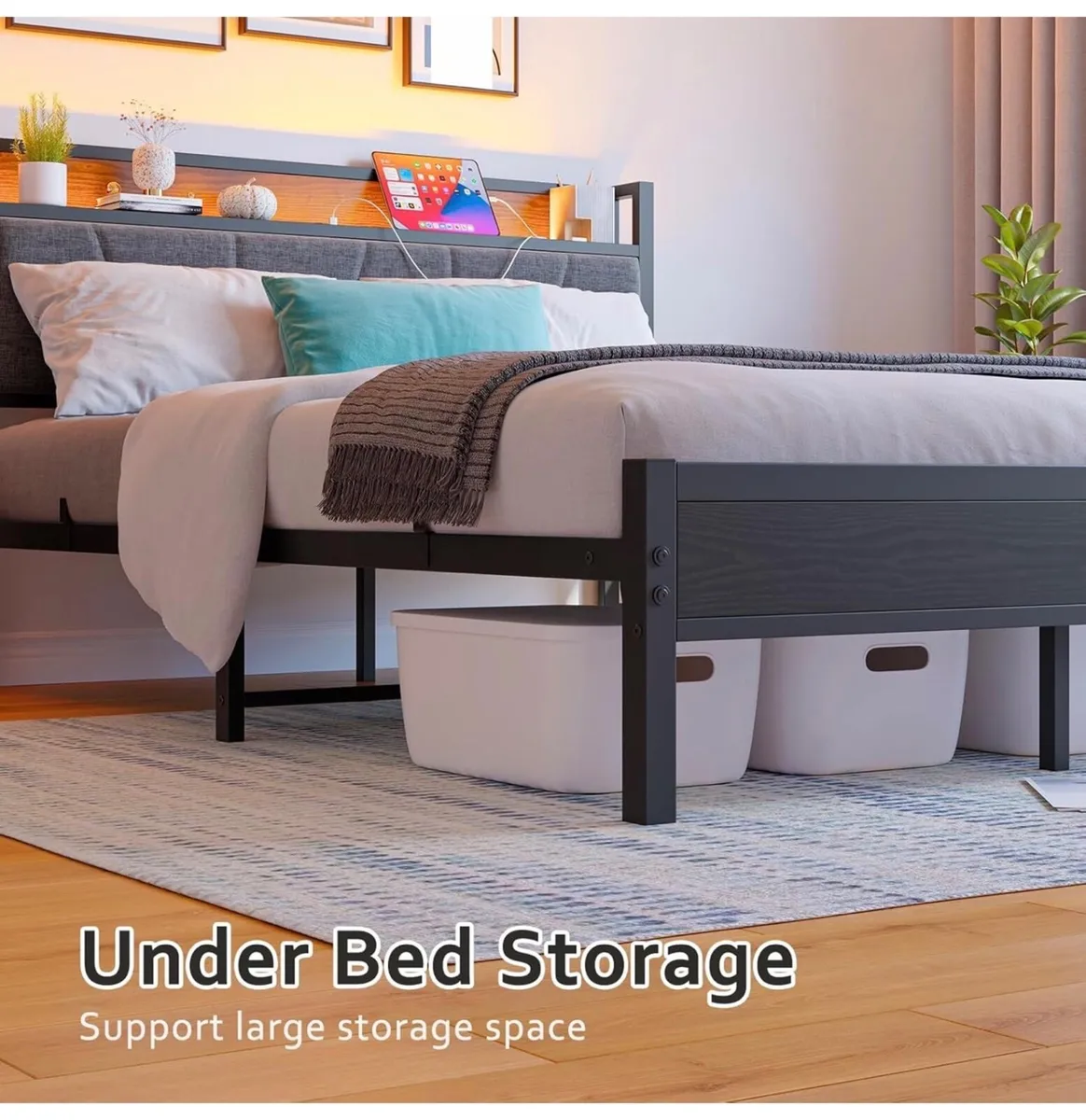 Double Bed Frame with Storage Headboard,Charging S - Image 2