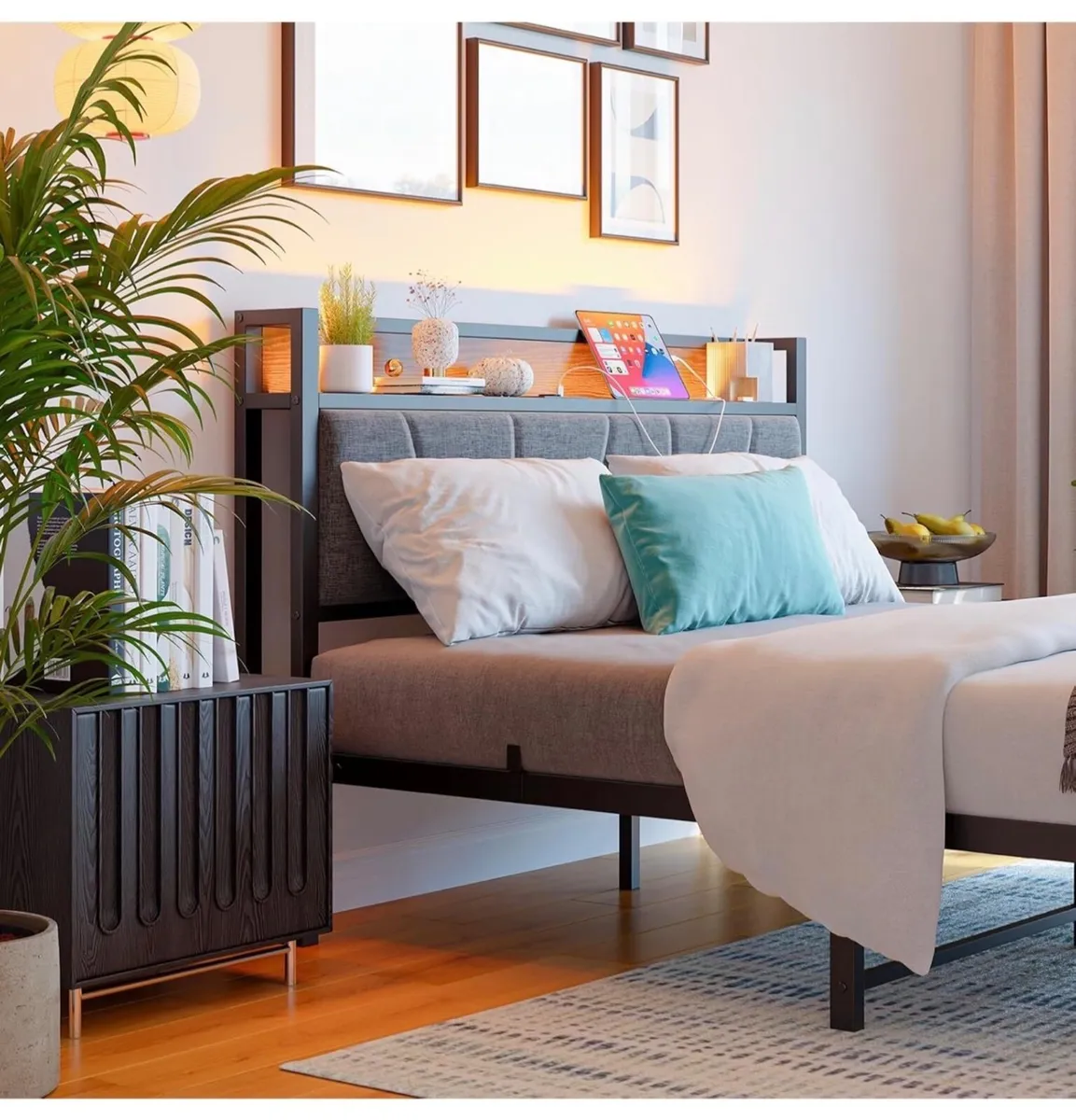 Double Bed Frame with Storage Headboard,Charging S - Image 4