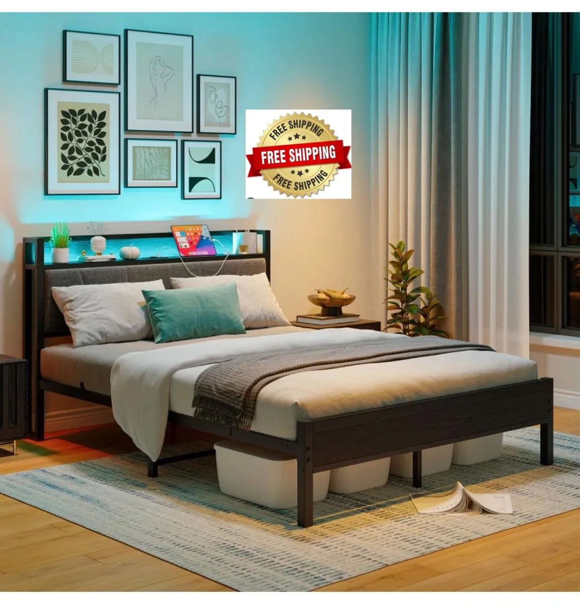 Double Bed Frame with Storage Headboard,Charging S - Image 1