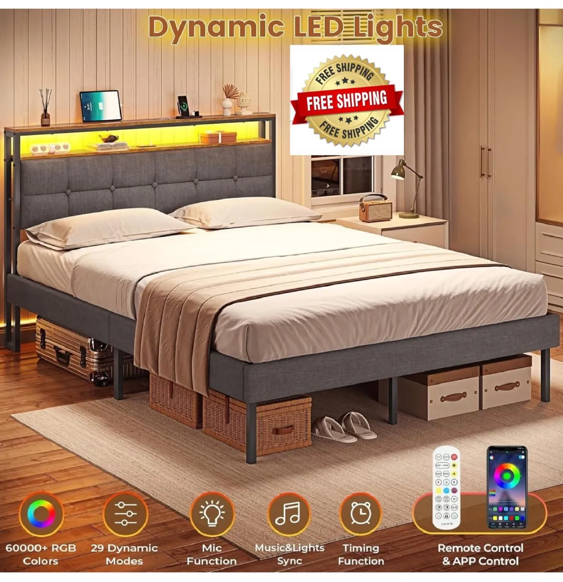 4ft6 Upholstered Platform Bed Frame 135x190 With L - Image 1