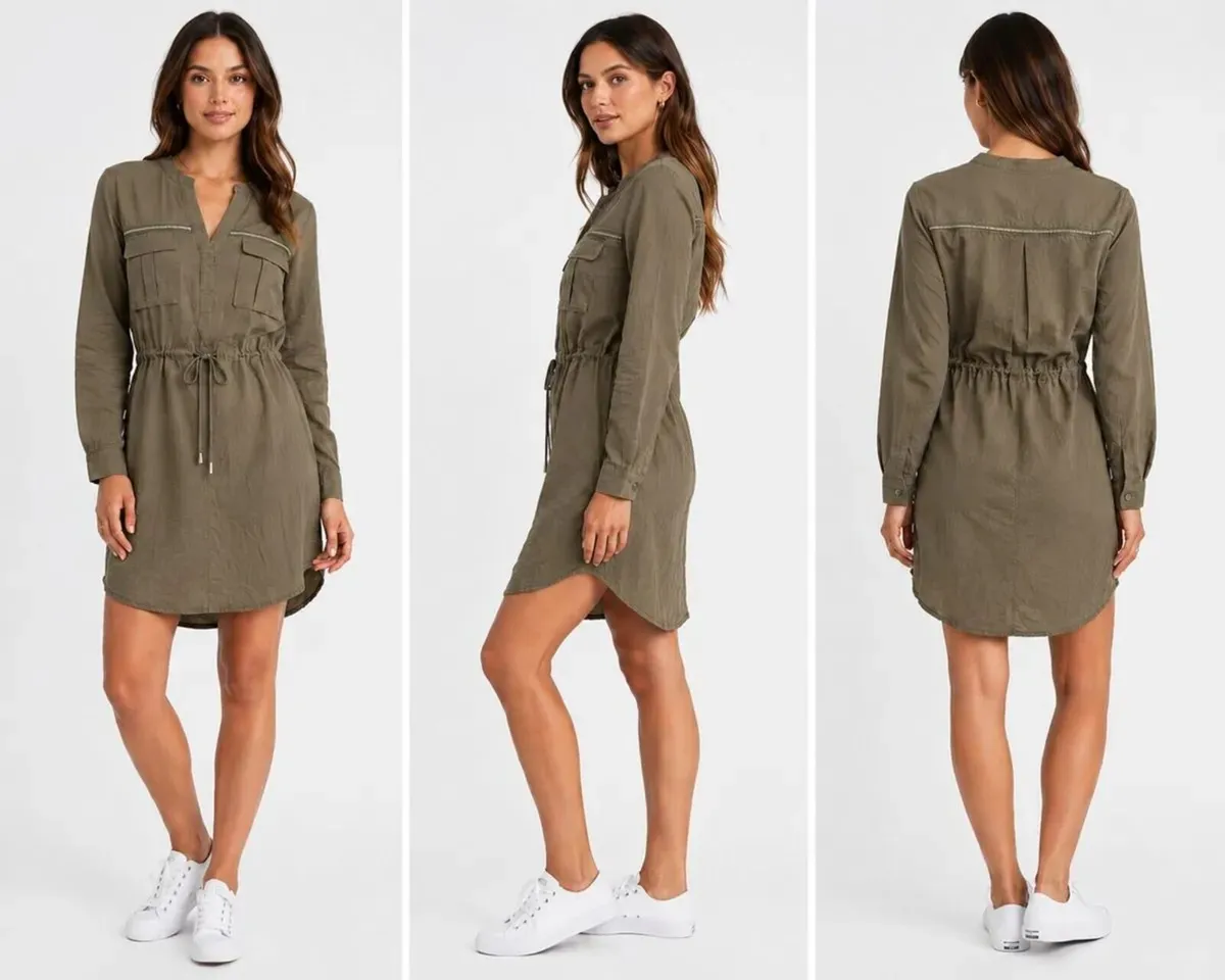 Women's Khaki Utility Shirt Dress with Drawstring - Image 2