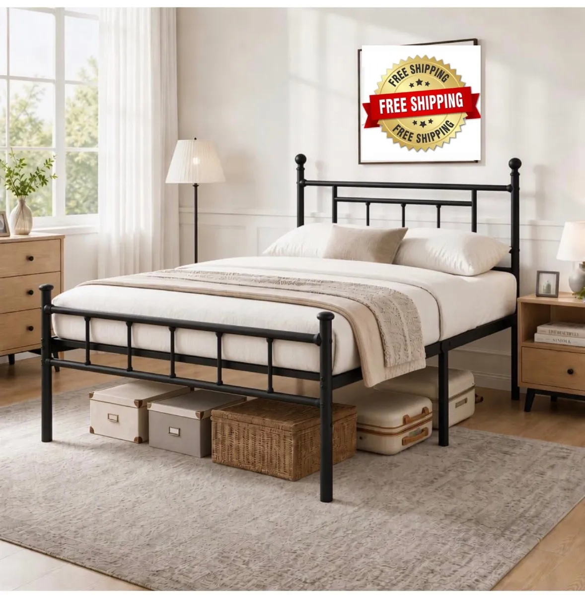 Bed Frame Double Bed Modern Style with Headboard a - Image 1