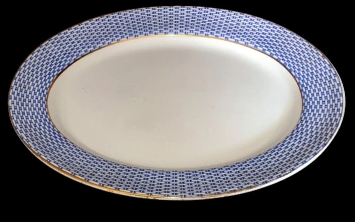 Antique Soho Pottery "Montauban" Blue Basket-Weave - Image 1