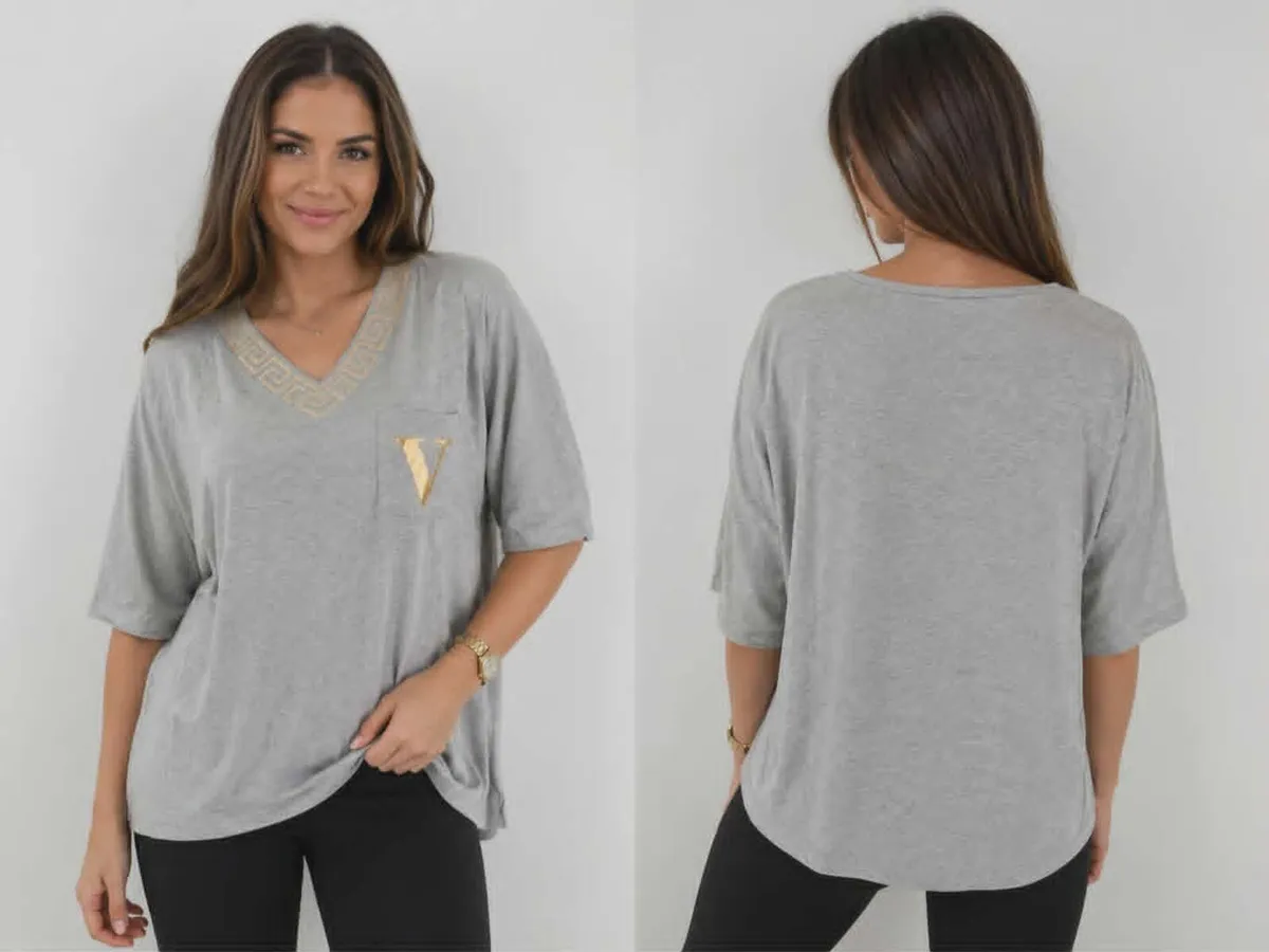 Women's Oversized V-Neck Top with Gold Greek Trim - Image 2