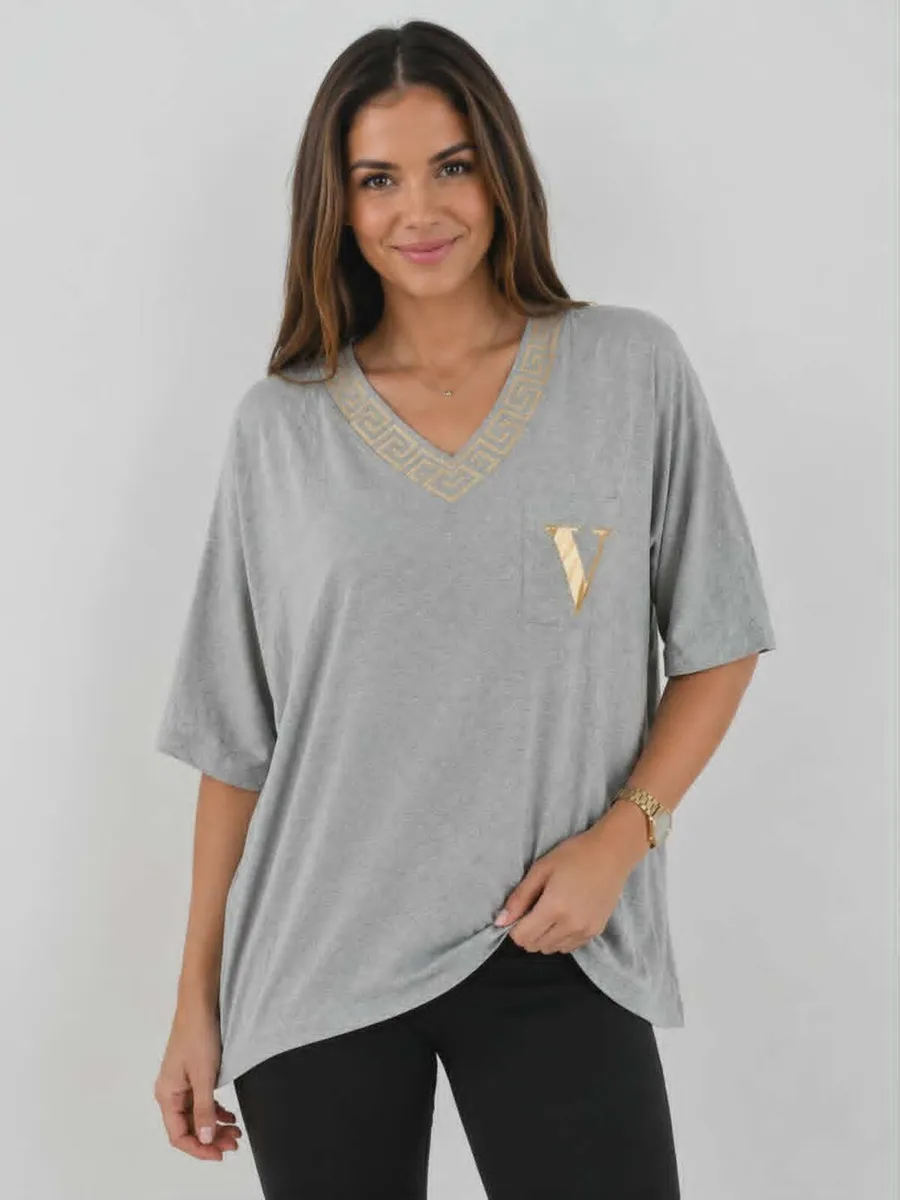 Women's Oversized V-Neck Top with Gold Greek Trim - Image 1