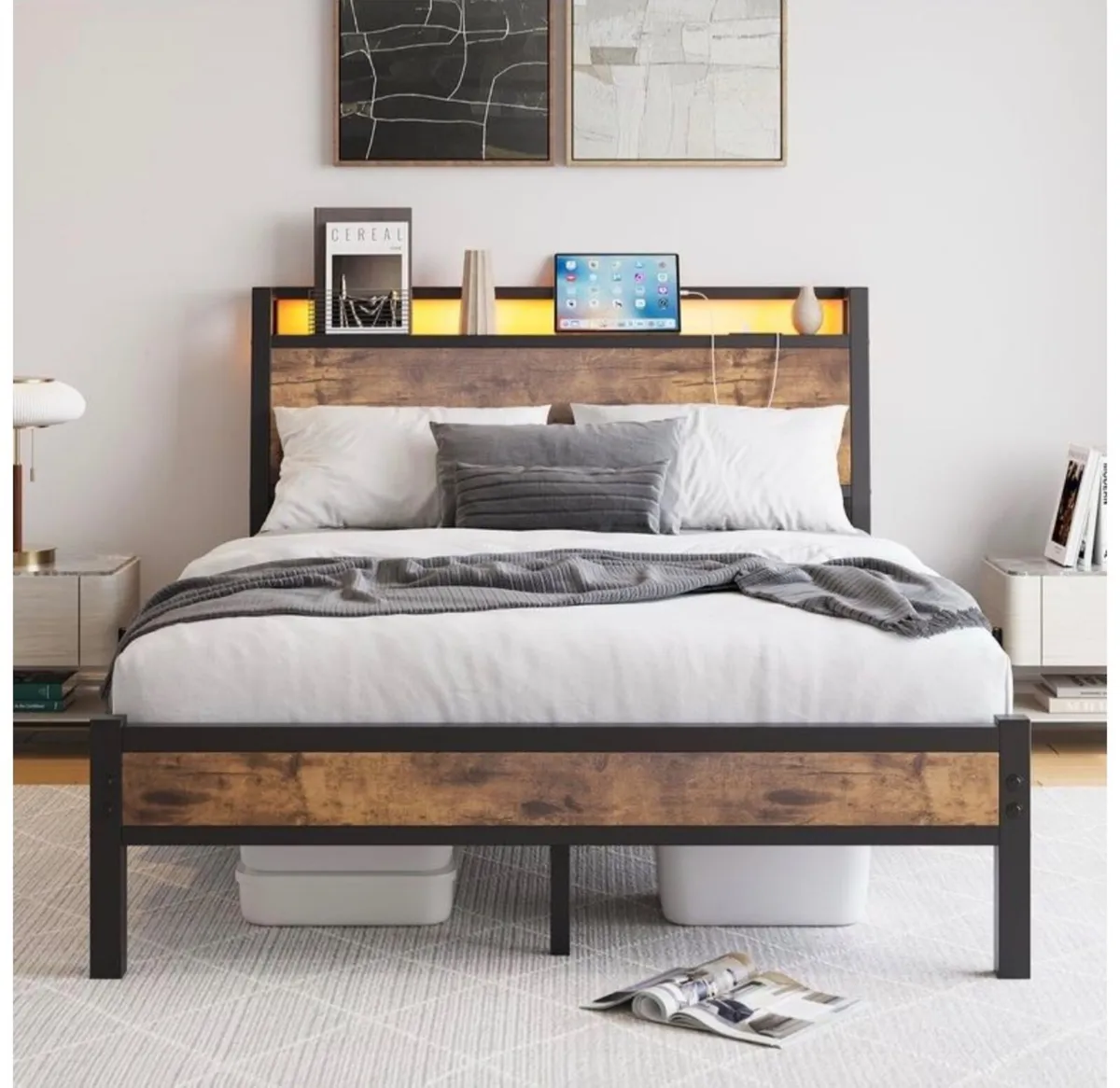 Double Size Bed Frame, Black 135 x 190 cm Charging - Image 2