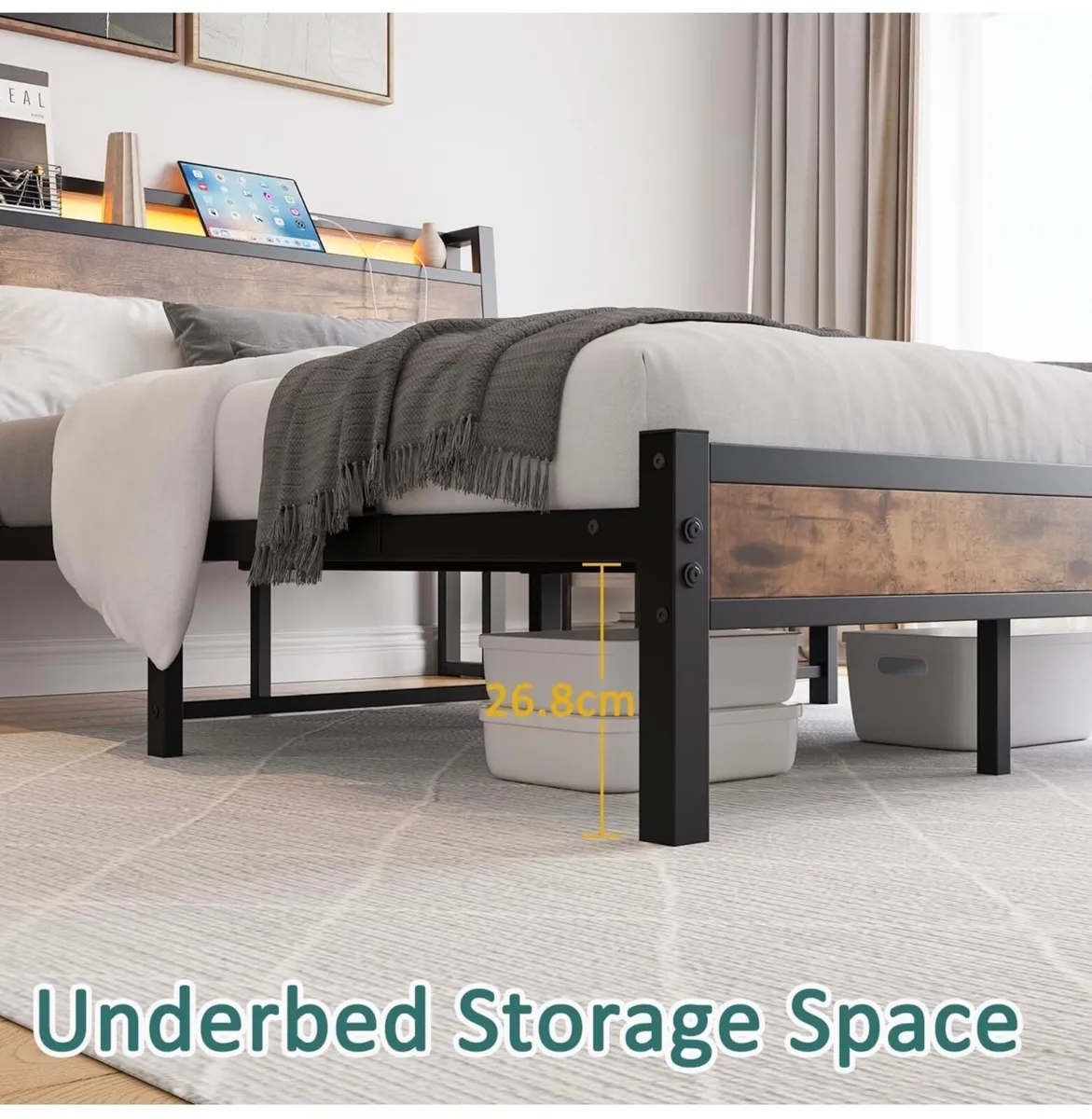Double Size Bed Frame, Black 135 x 190 cm Charging - Image 3