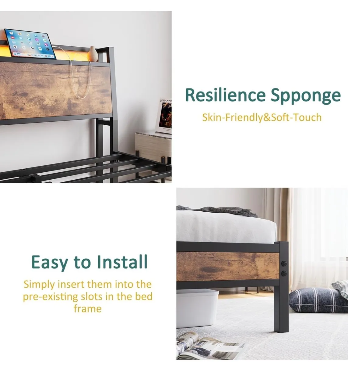 Double Size Bed Frame, Black 135 x 190 cm Charging - Image 4