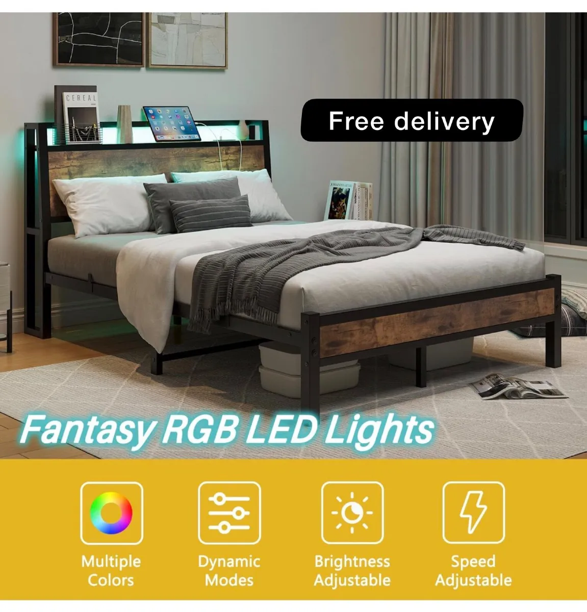 Double Size Bed Frame, Black 135 x 190 cm Charging - Image 1