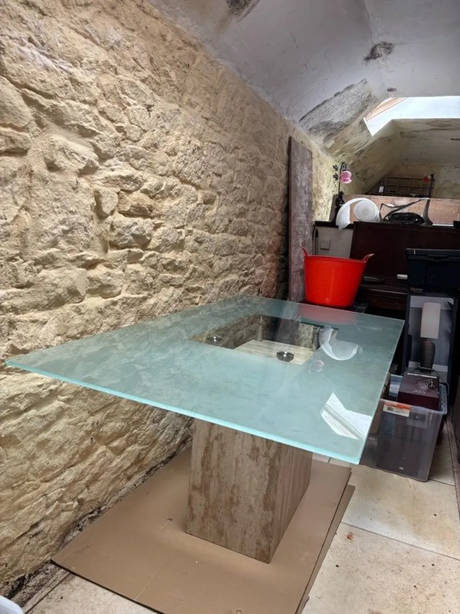 Impressive 4 table Travertine Glass table set for sale. Very little use and in pristine condition. Would look impressive in any home. Brought in from Marbella. - Image 4