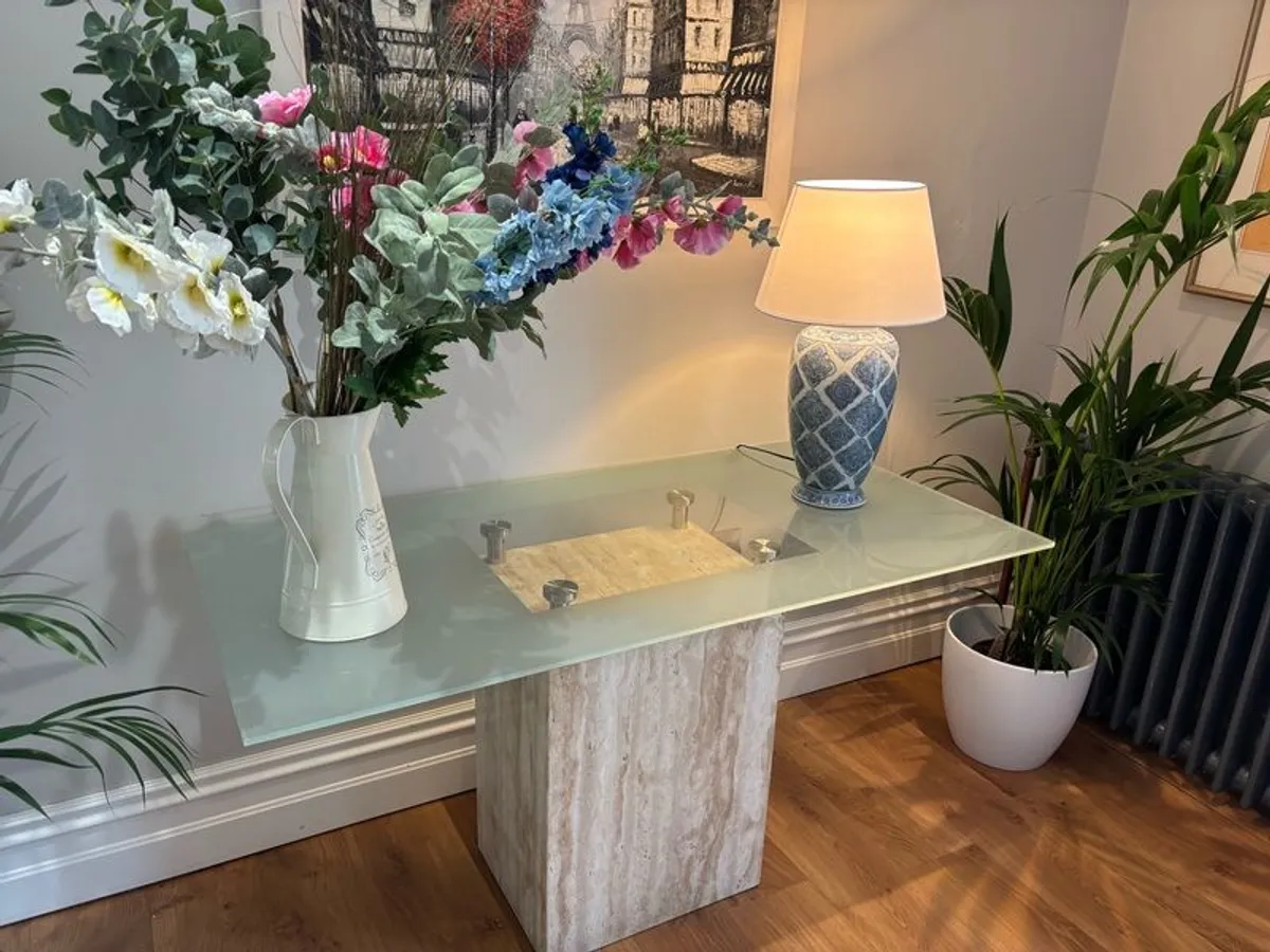 Impressive 4 table Travertine Glass table set for sale. Very little use and in pristine condition. Would look impressive in any home. Brought in from Marbella. - Image 2