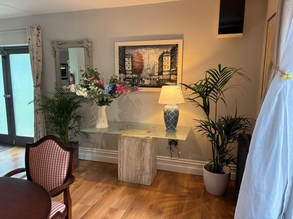 Impressive 4 table Travertine Glass table set for sale. Very little use and in pristine condition. Would look impressive in any home. Brought in from Marbella. - Image 3