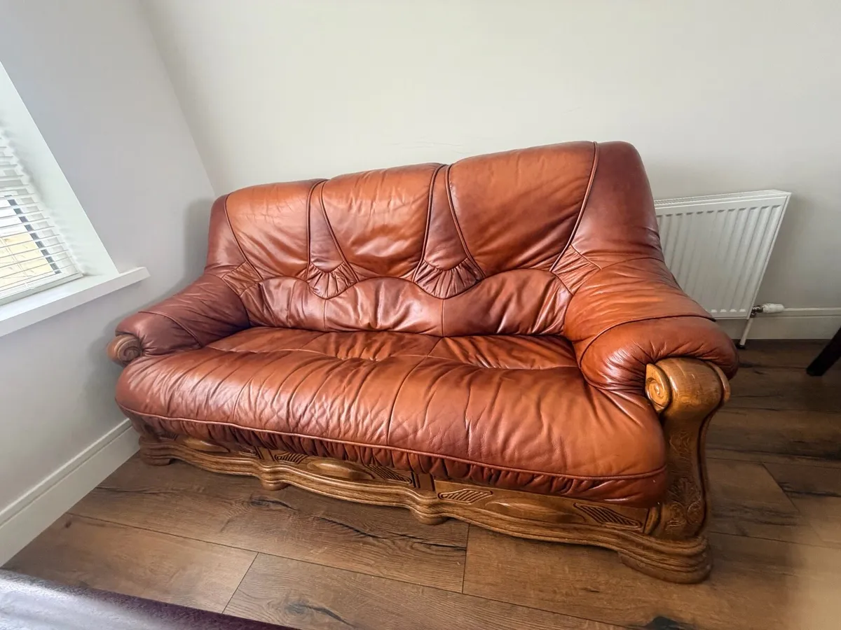 Solid Oak Leather 3+1+1 sofa for sale - Image 1