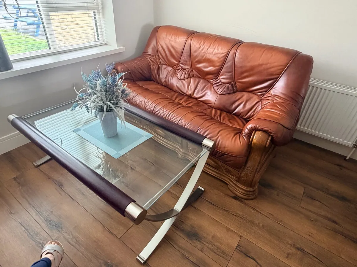 Solid Oak Leather 3+1+1 sofa for sale - Image 2