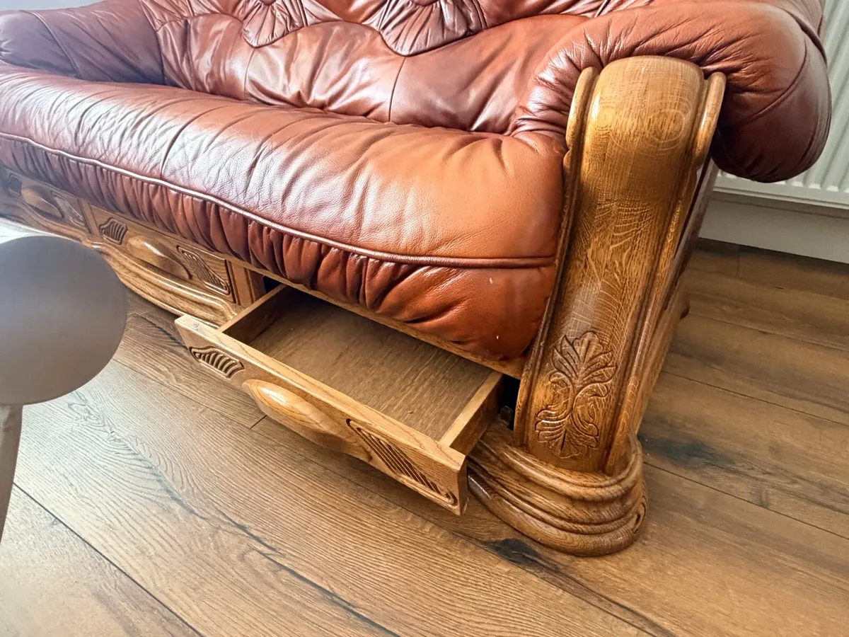 Solid Oak Leather 3+1+1 sofa for sale - Image 3